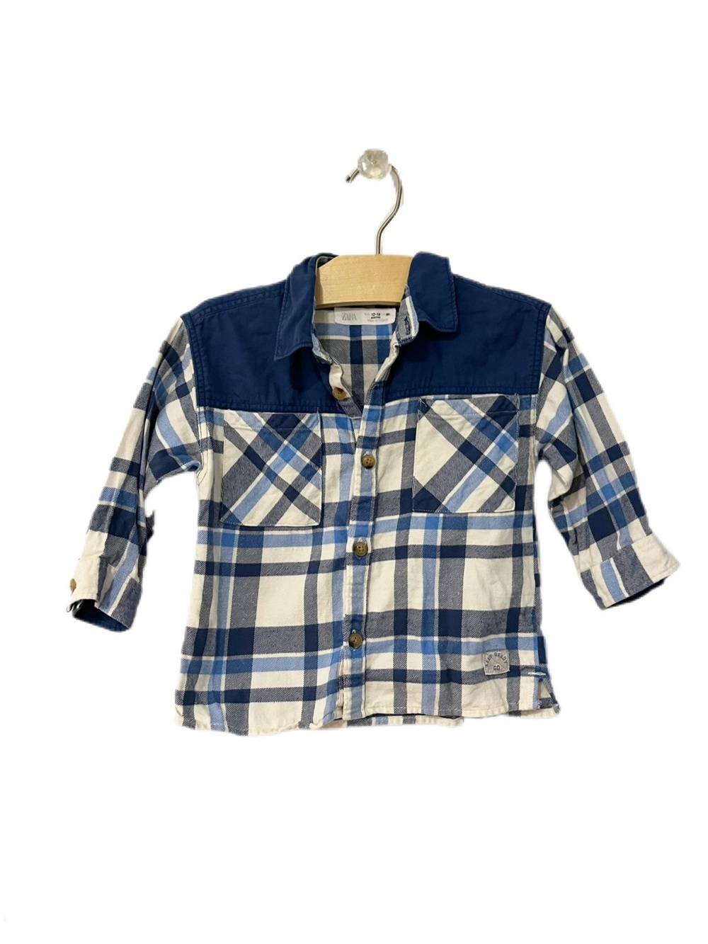 Zara Baby 12-18m Kids Blue Plaid Button-Up Cotton Flannel Shirt
